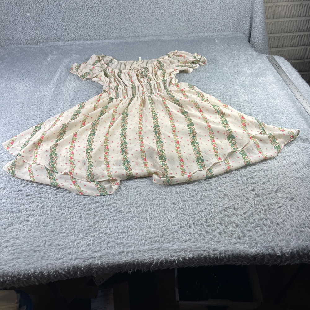 Self Esteem Floral Mini Dress XS Cream Pink Green Smocked Waist Cottagecore NEW